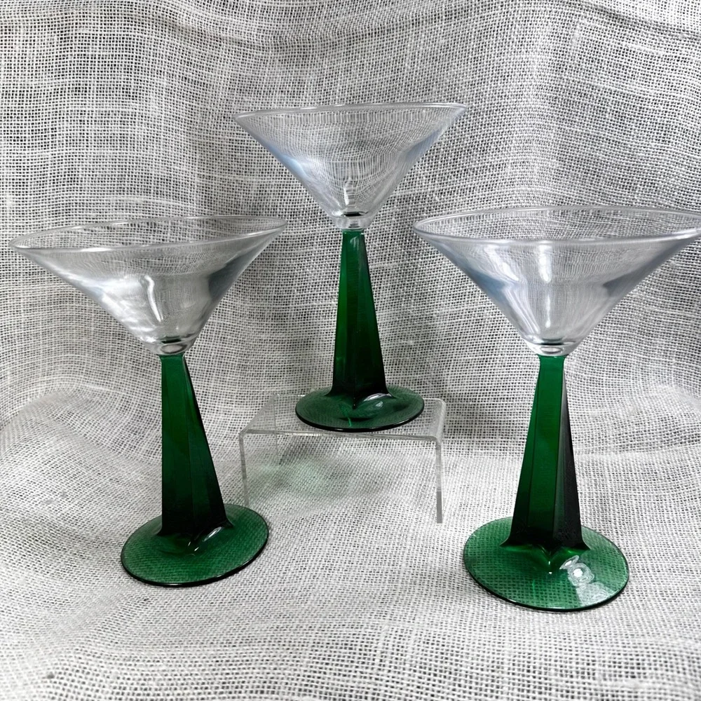 Bombay Emerald Green Twisted Pyramid Stem Martini Glasses Set of 3 Vintage